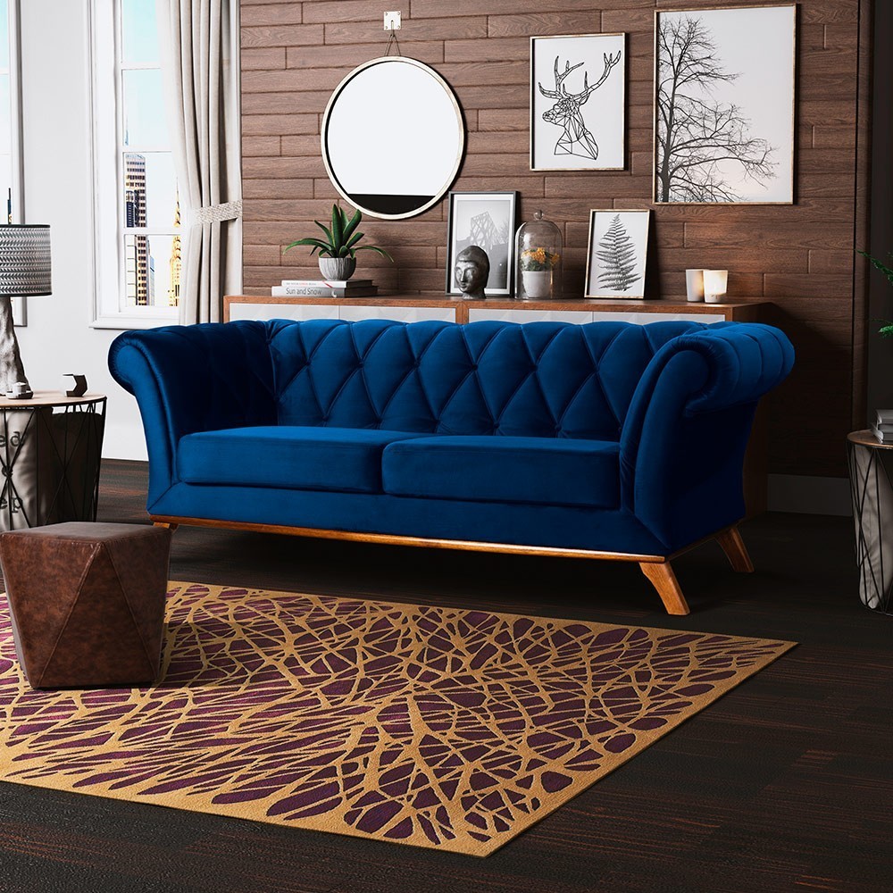 Sofá 4 Lugares Para Sala de Estar Império 280 cm D02 Veludo Azul Oxford C-304 - Lyam Decor