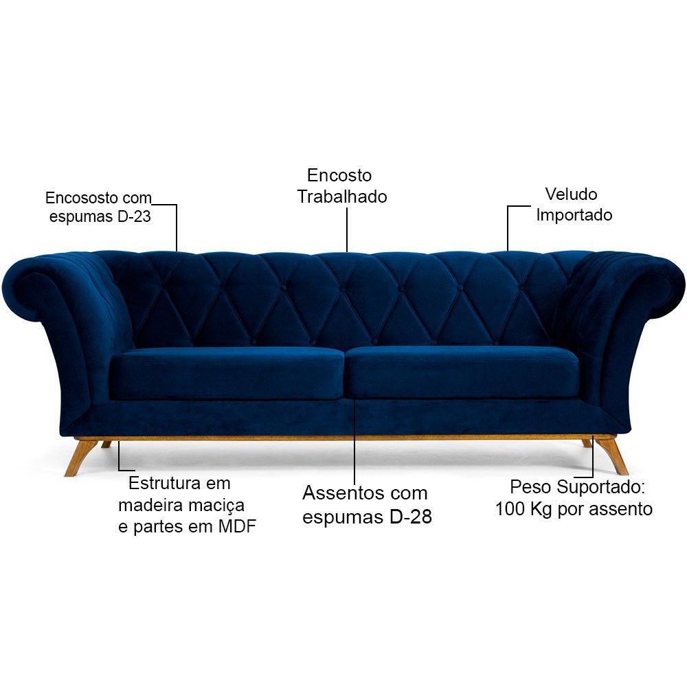 Sofá 4 Lugares Para Sala de Estar Império 280 cm D02 Veludo Azul Oxford C-304 - Lyam Decor