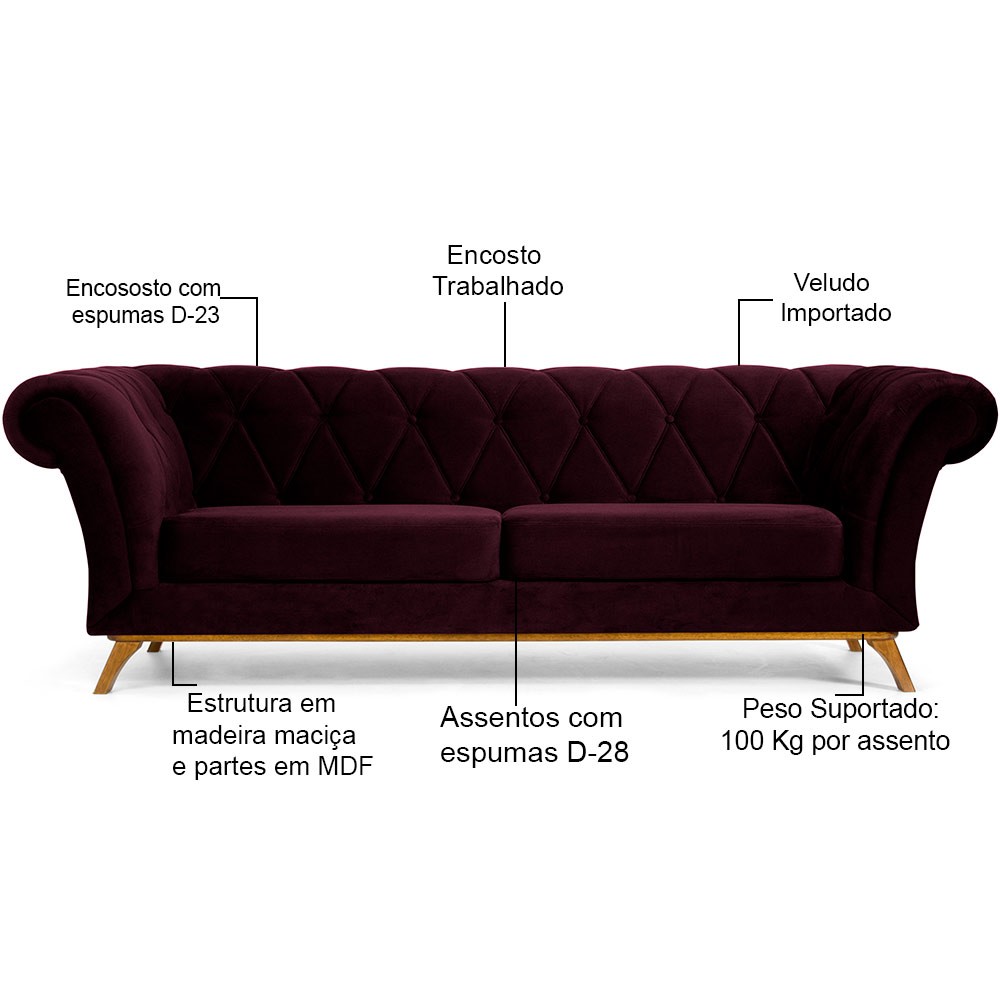 Sofá 4 Lugares Para Sala de Estar Império 280 cm D02 Veludo Roxo Grape C-292 - Lyam Decor