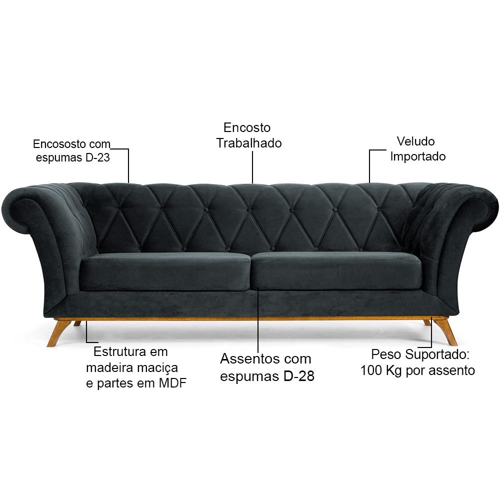Sofá 4 Lugares Para Sala de Estar Império 300 cm D02 Veludo Cinza C-317 - Lyam Decor