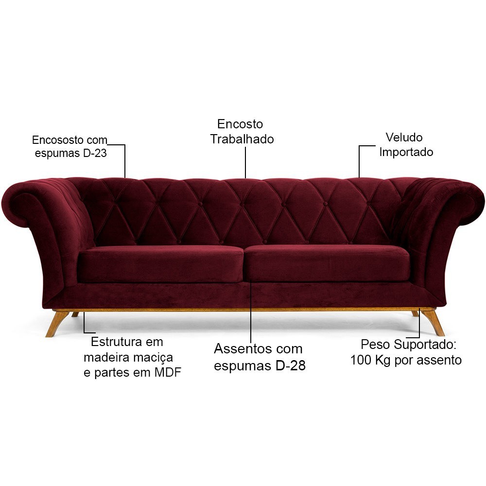 Sofá 4 Lugares Para Sala de Estar Império 300 cm D02 Veludo Marsala B-278 - Lyam Decor