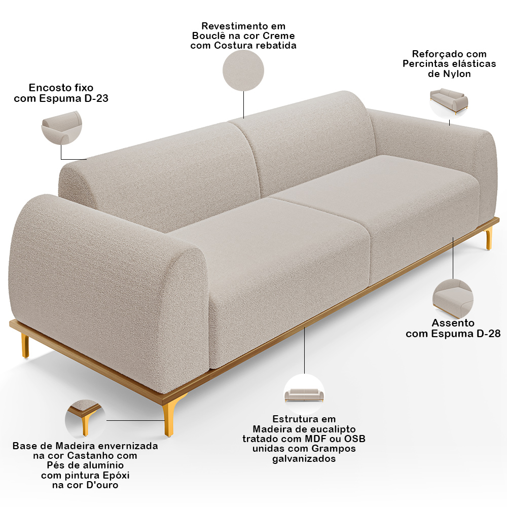 Sofá 4 Lugares Para Sala de Estar Kiev 260cm D02 Base Castanho Pés D'ouro Bouclê Creme C-54 - Lyam Decor