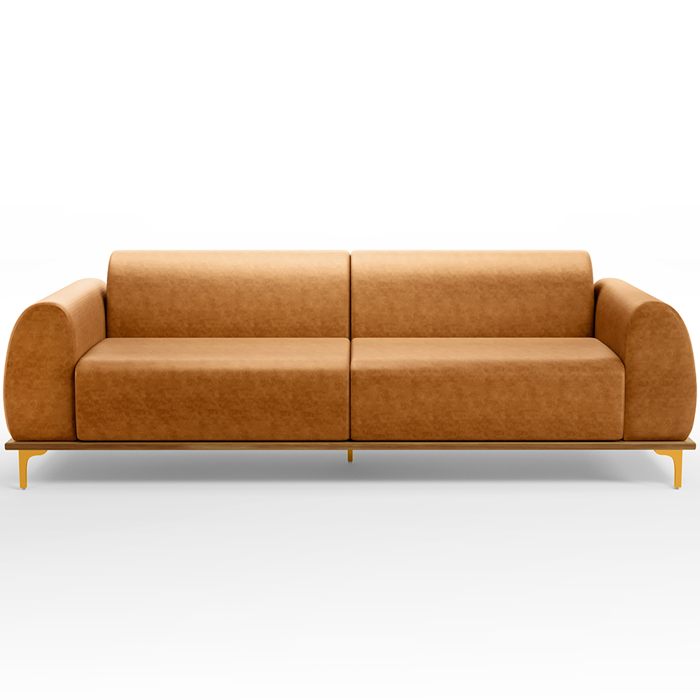 Sofá 4 Lugares Para Sala de Estar Kiev 300cm D02 Base Castanho Pés D'ouro Couríssimo Whisky B-90 - Lyam Decor