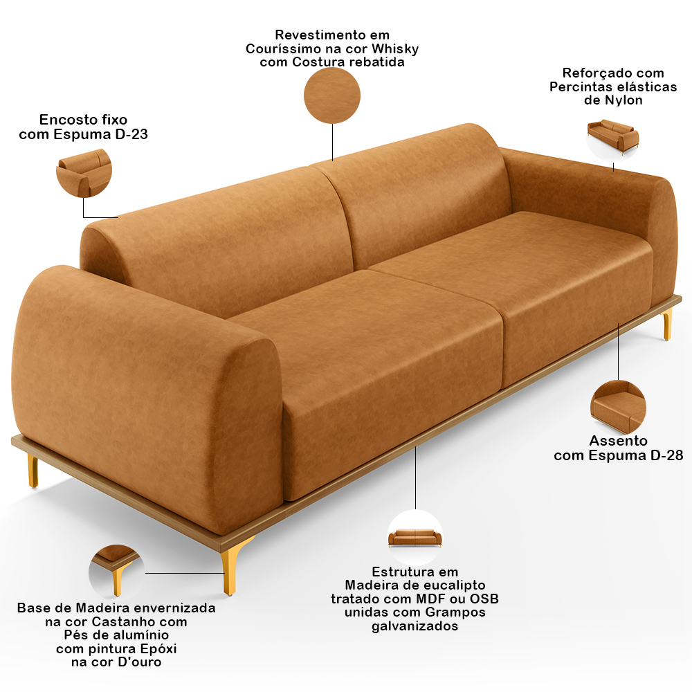 Sofá 4 Lugares Para Sala de Estar Kiev 300cm D02 Base Castanho Pés D'ouro Couríssimo Whisky B-90 - Lyam Decor