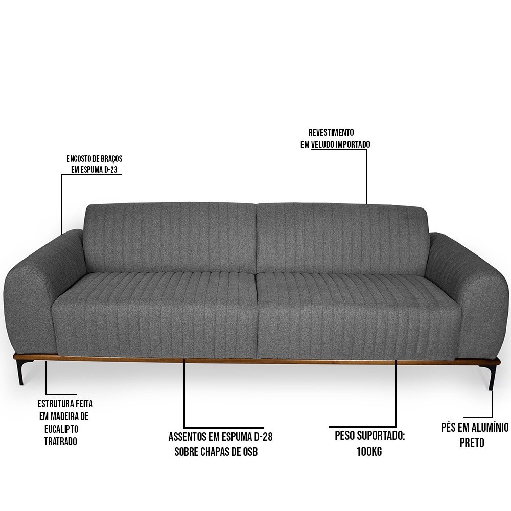 Sofá 4 Lugares Para Sala de Estar Molino 260 cm D02 Linho Cinza C-416 - Lyam Decor