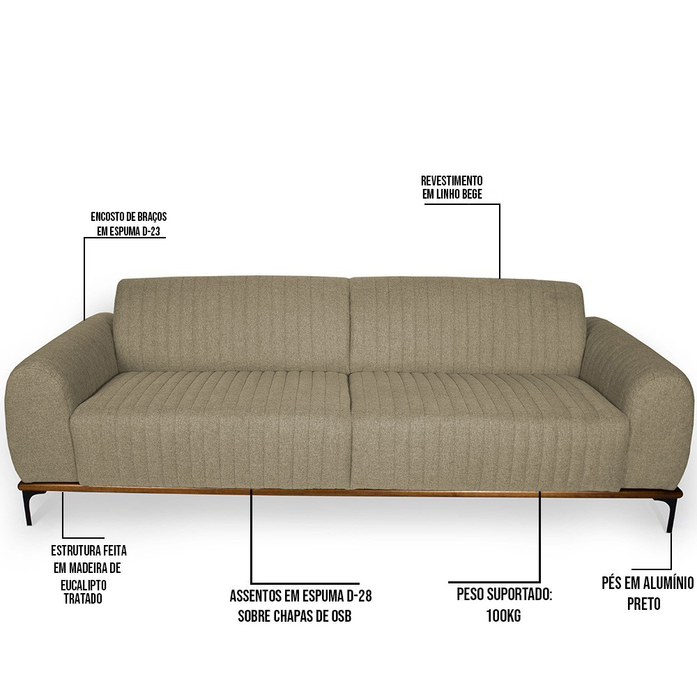 Sofá 4 Lugares Para Sala de Estar Molino 280 cm D02 Linho Bege C-129 - Lyam Decor