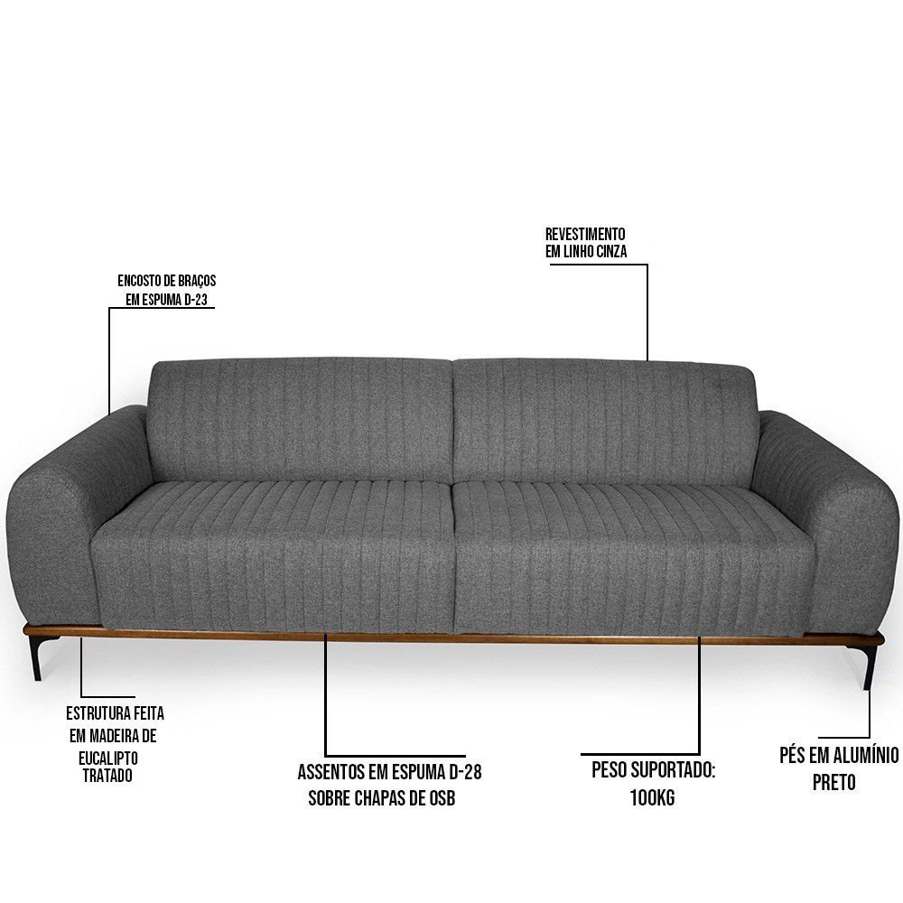 Sofá 4 Lugares Para Sala de Estar Molino 280 cm D02 Linho Cinza C-416 - Lyam Decor
