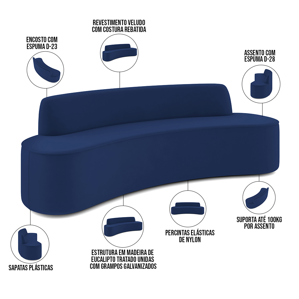 Sofá 4 Lugares Sala de Estar Cancún D02 Veludo Azul Marinho 230 cm C-287 - Lyam Decor