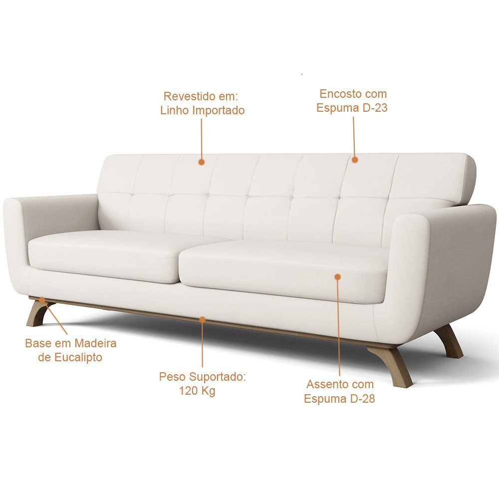 Sofá 4 Lugares Sala de Estar Miami 260 cm D02 Linho Cru A-430 - Lyam Decor