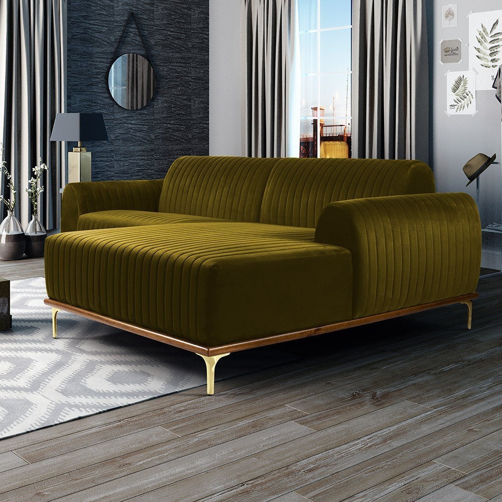 Sofá 4 Lugares com Chaise Direito Para Sala Molino 255 cm D02 Veludo Mostarda B-260 - Lyam Decor