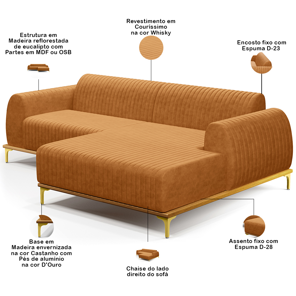 Sofá 4 Lugares com Chaise Direito Para Sala de Estar Molino 255cm D02 Base Castanho Pés D'ouro Couríssimo Whisky B-90 - Lyam Decor