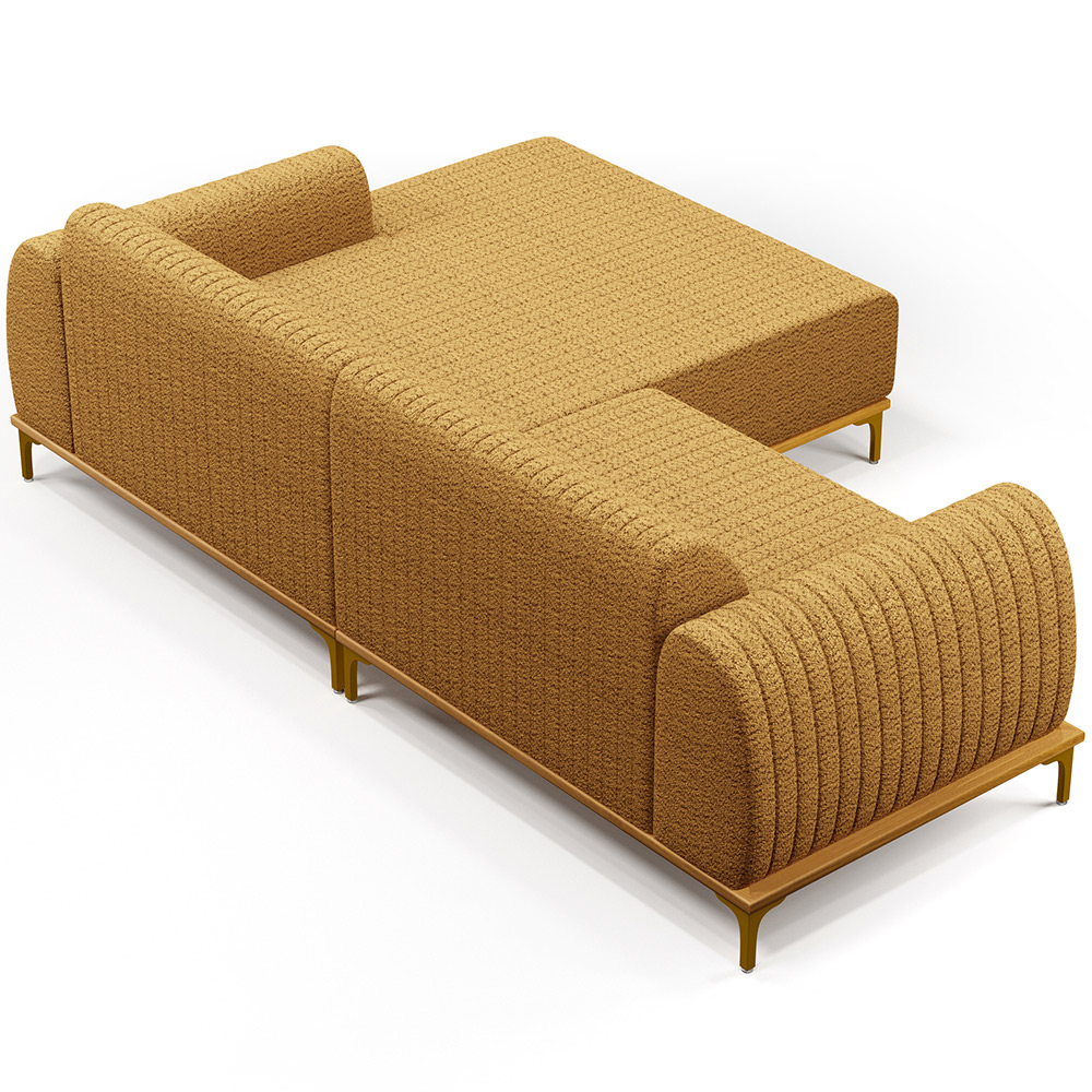Sofá 4 Lugares com Chaise Direito Para Sala de Estar Molino 265cm D02 Base Castanho Pés D'ouro Prime Bouclê Mostarda PB-03 - Lyam Decor