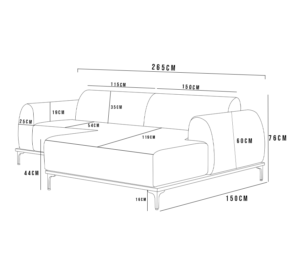 Sofá 4 Lugares com Chaise Direito Sala Estar Molino 265cm D02 Linho Verde Musgo C-117 - Lyam Decor
