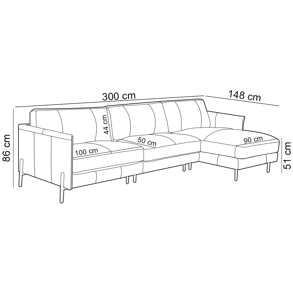 Sofá 4 Lugares com Chaise Direito Sala Living 300cm Amábile L06 Couro Marrom Claro - Lyam Decor