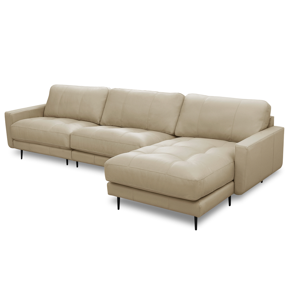 Sofá 4 Lugares com Chaise Direito Sala Living 316cm Logus L06 Couro Bege Areia - Lyam Decor