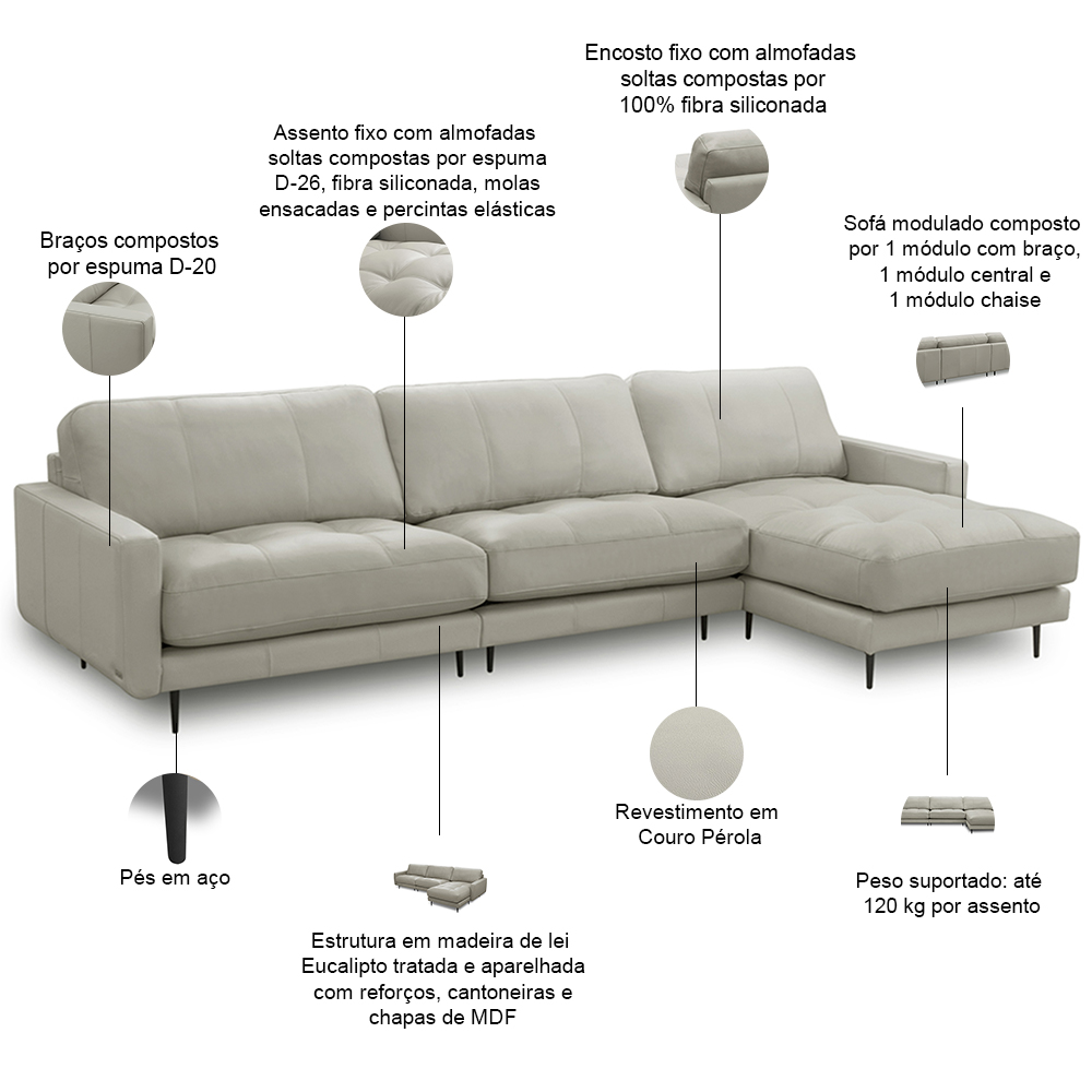 Sofá 4 Lugares com Chaise Direito Sala Living 316cm Logus L06 Couro Pérola - Lyam Decor
