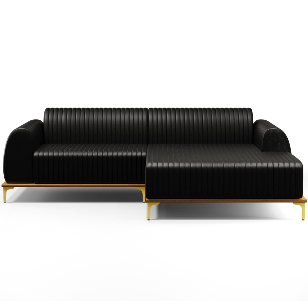 Sofá 4 Lugares com Chaise Direito Sala de Estar Molino 255cm D02 Couríssimo Preto B-159 - Lyam Decor