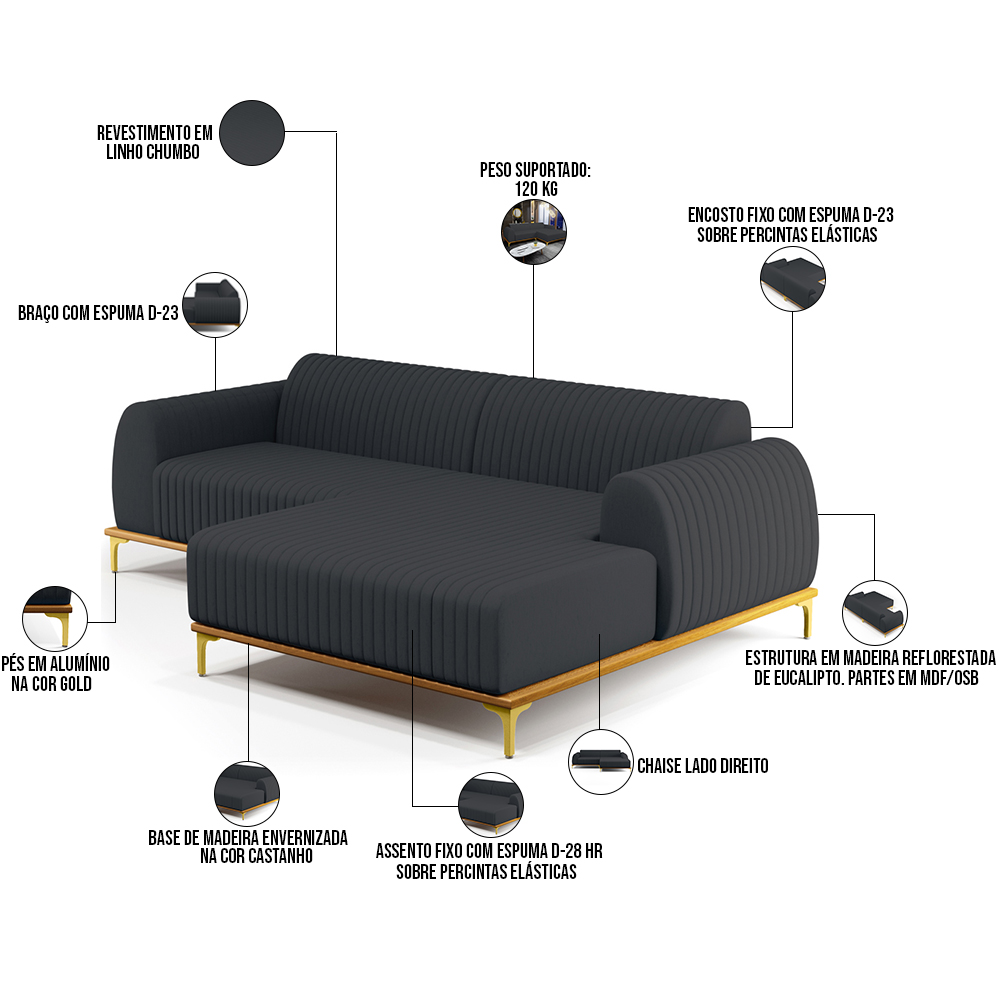 Sofá 4 Lugares com Chaise Direito Sala de Estar Molino 265cm D02 Linho Chumbo D-465 - Lyam Decor