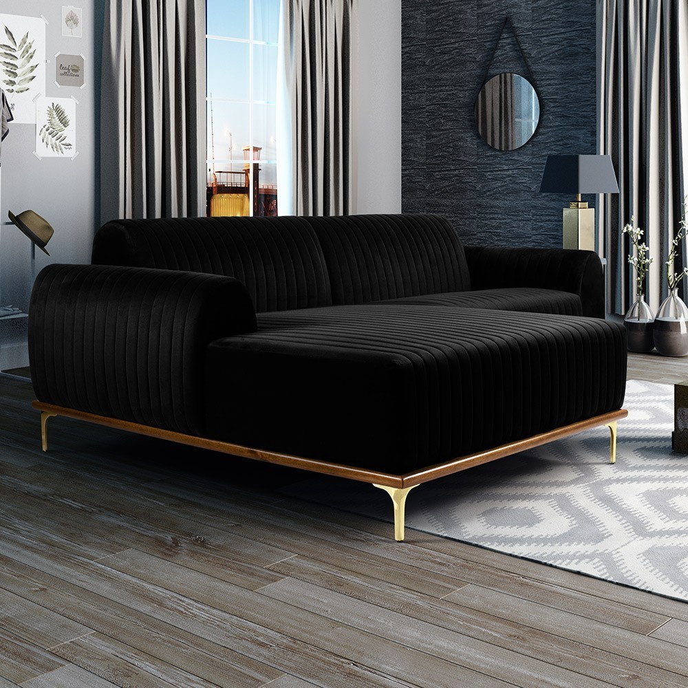 Sofá 4 Lugares com Chaise Esquerdo Para Sala Molino 255cm D02 Veludo Preto B-300 - Lyam Decor