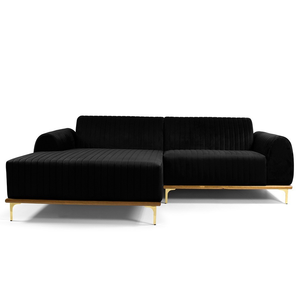 Sofá 4 Lugares com Chaise Esquerdo Para Sala Molino 255cm D02 Veludo Preto B-300 - Lyam Decor