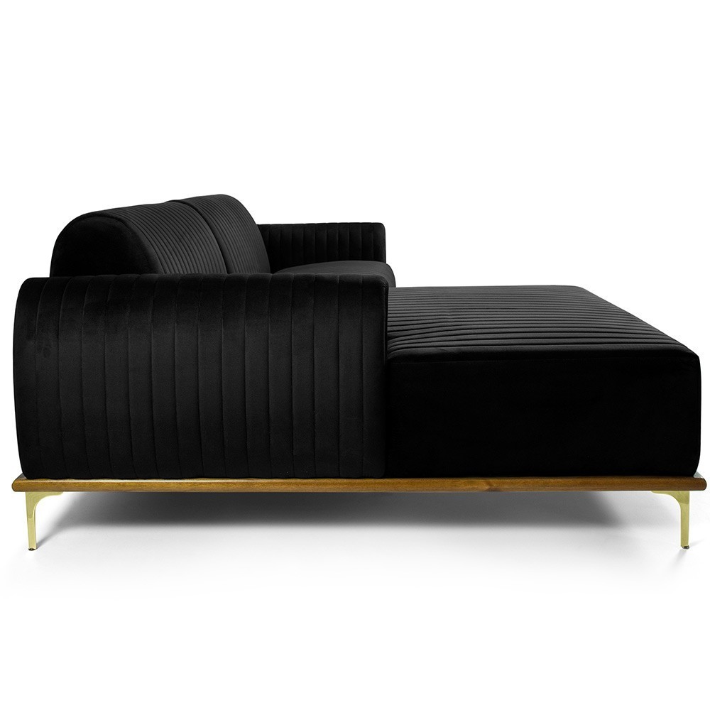 Sofá 4 Lugares com Chaise Esquerdo Para Sala Molino 255cm D02 Veludo Preto B-300 - Lyam Decor