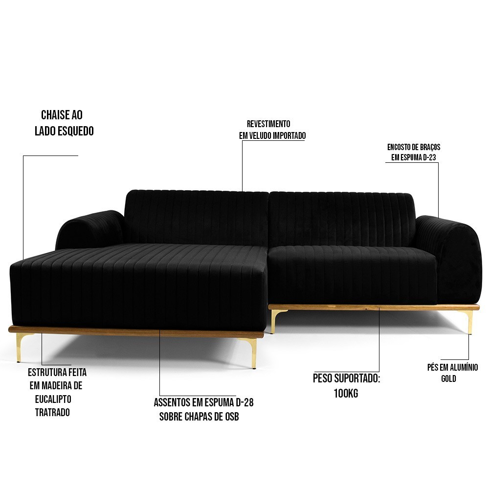 Sofá 4 Lugares com Chaise Esquerdo Para Sala Molino 255cm D02 Veludo Preto B-300 - Lyam Decor
