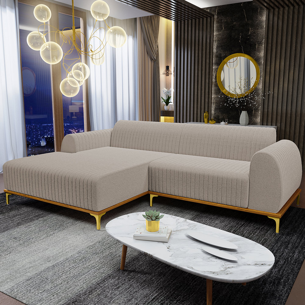 Sofá 4 Lugares com Chaise Esquerdo Para Sala de Estar Molino 255cm D02 Base Castanho Pés D'ouro Bouclê Creme C-54 - Lyam Decor