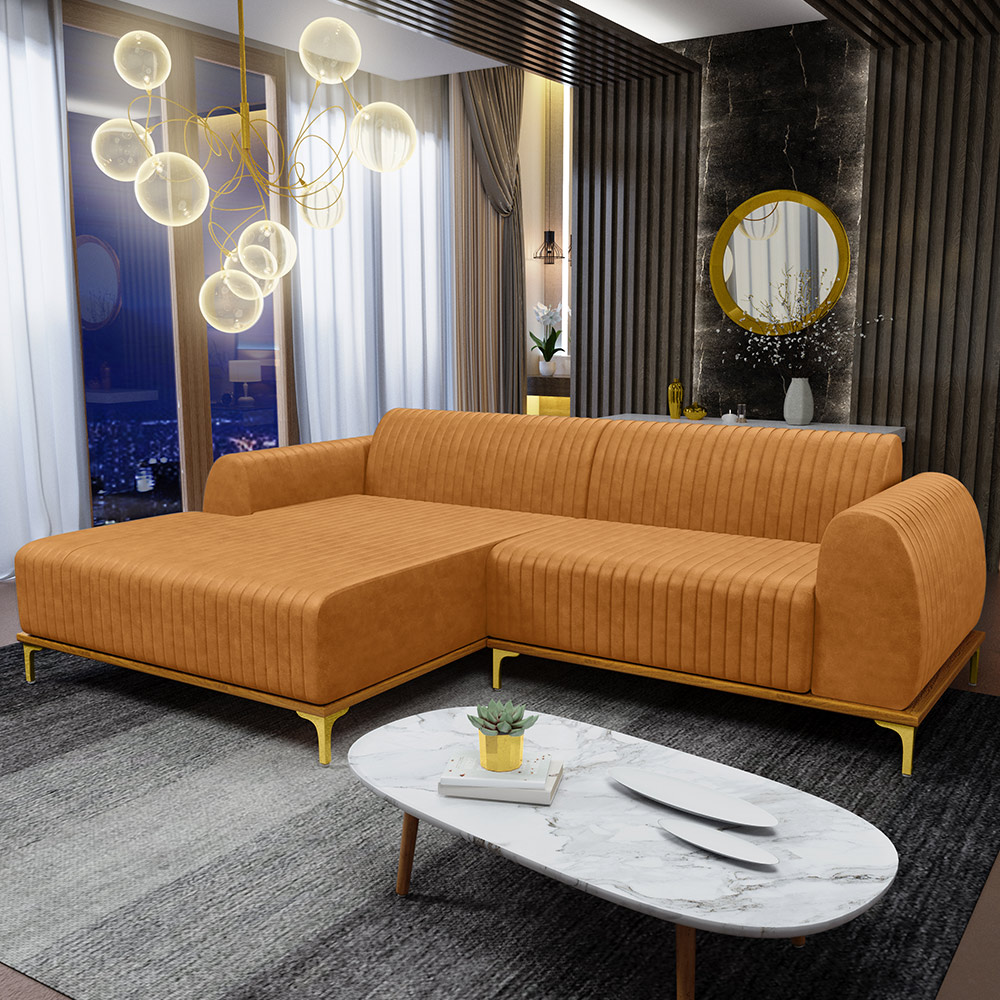 Sofá 4 Lugares com Chaise Esquerdo Para Sala de Estar Molino 255cm D02 Base Castanho Pés D'ouro Couríssimo Whisky B-90 - Lyam Decor