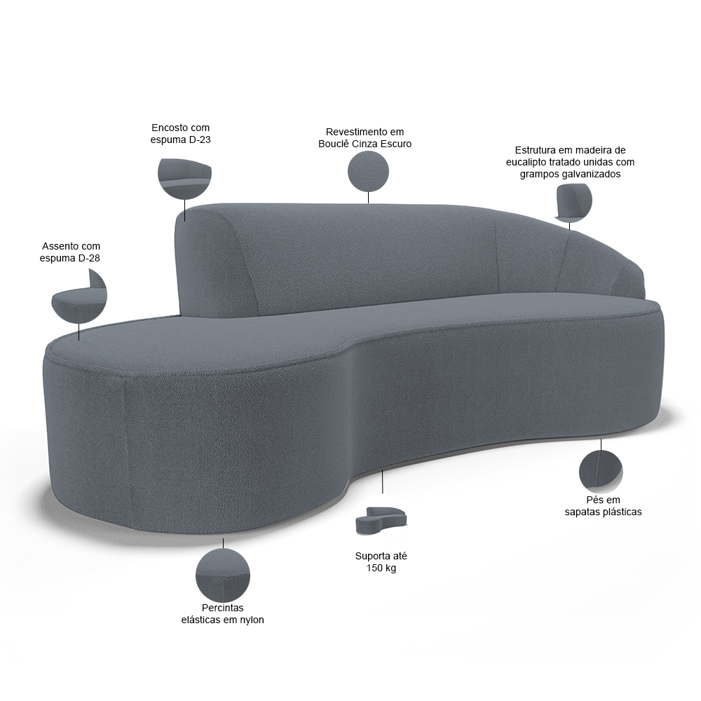 Sofá 5 Lugares Curvo Sala de Estar Living Firenze Direito D02 Bouclê Cinza Escuro 300 cm B-64 - Lyam