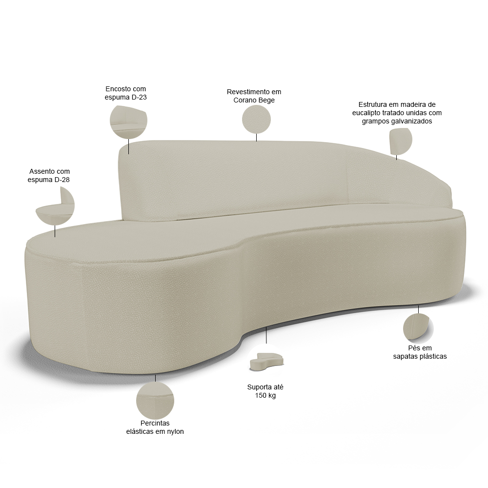 Sofá 5 Lugares Curvo Sala de Estar Living Firenze Direito D02 Corano Bege 300 cm C-26 - Lyam