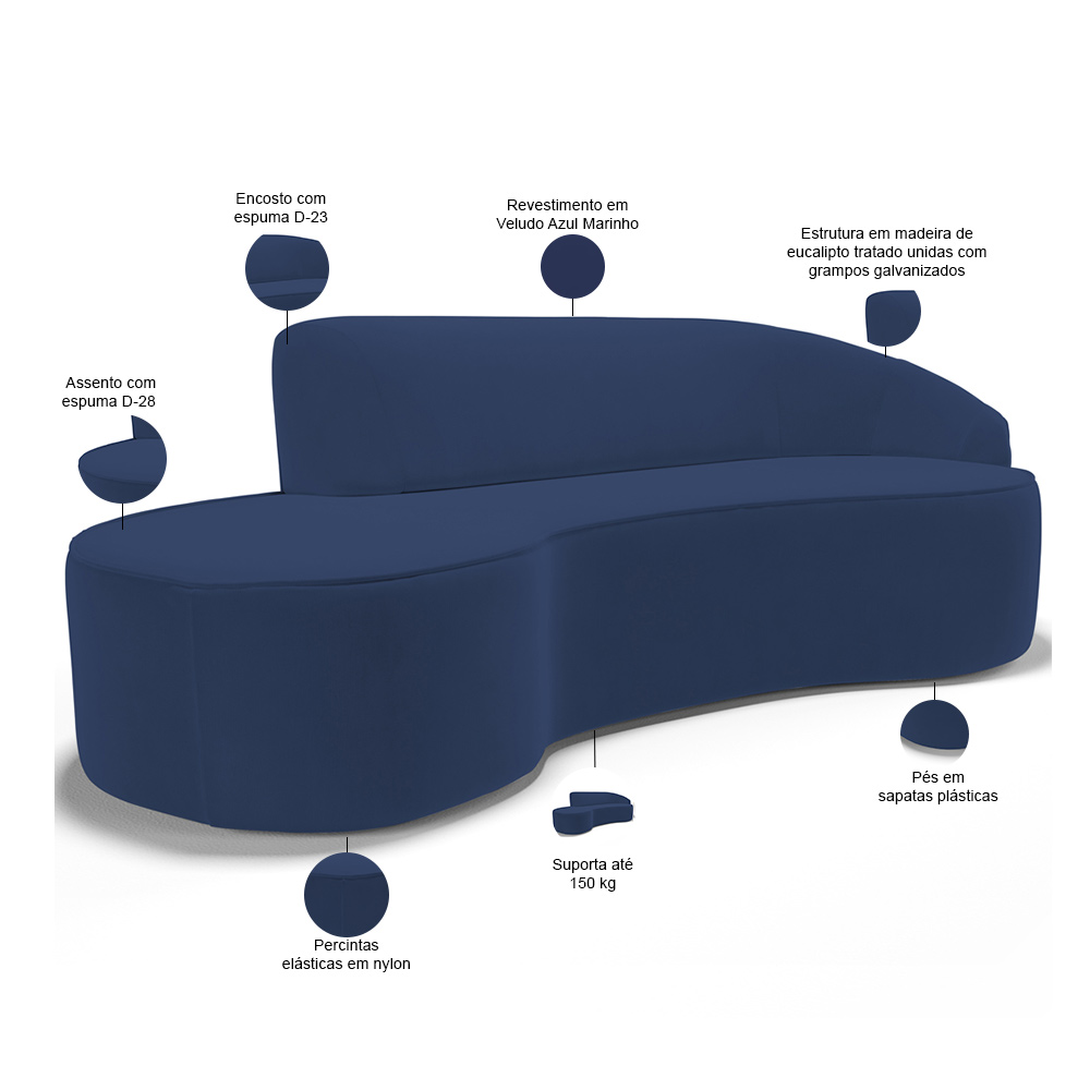 Sofá 5 Lugares Curvo Sala de Estar Living Firenze Direito D02 Veludo Azul Marinho 300 cm C-304 - Lyam