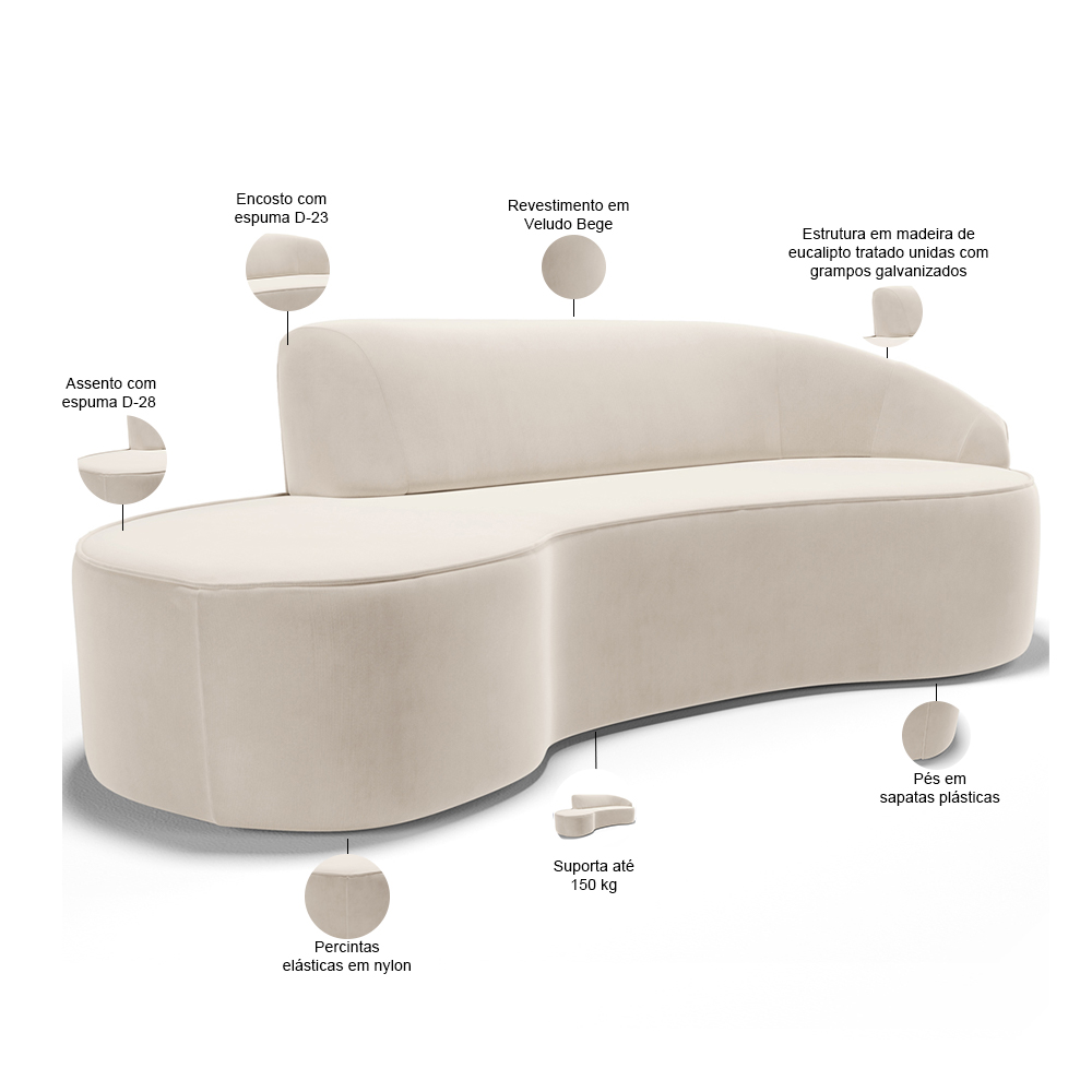 Sofá 5 Lugares Curvo Sala de Estar Living Firenze Direito D02 Veludo Bege 300 cm C-309 - Lyam