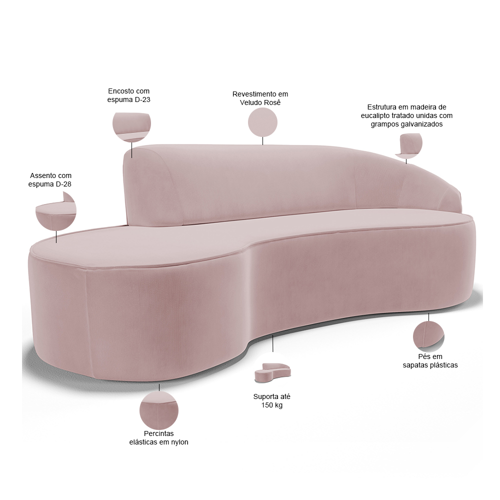 Sofá 5 Lugares Curvo Sala de Estar Living Firenze Direito D02 Veludo Rosê 300 cm C-305 - Lyam