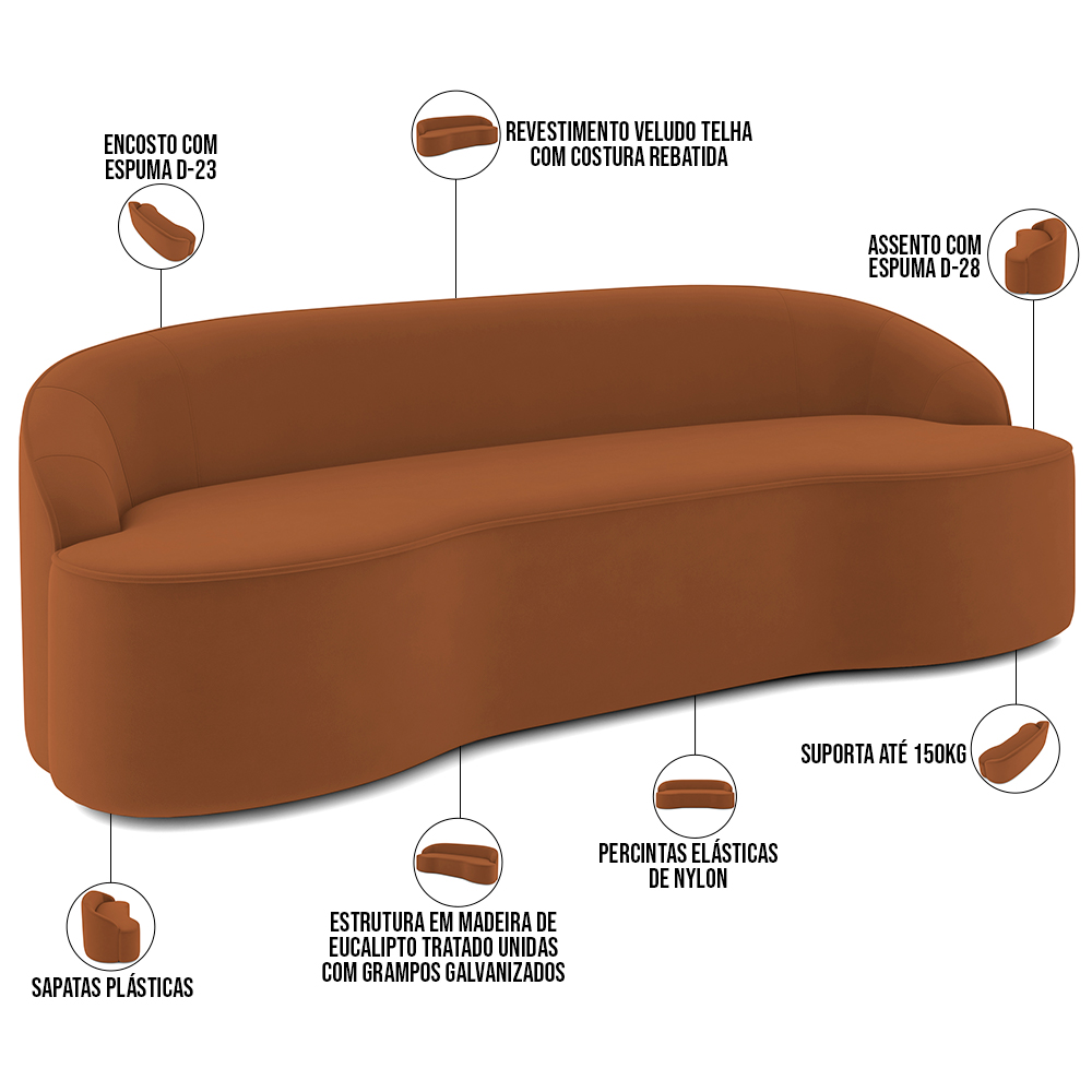 Sofá 5 Lugares Curvo Sala de Estar Living Lótus D02 Veludo Telha 300 cm C-262 - Lyam