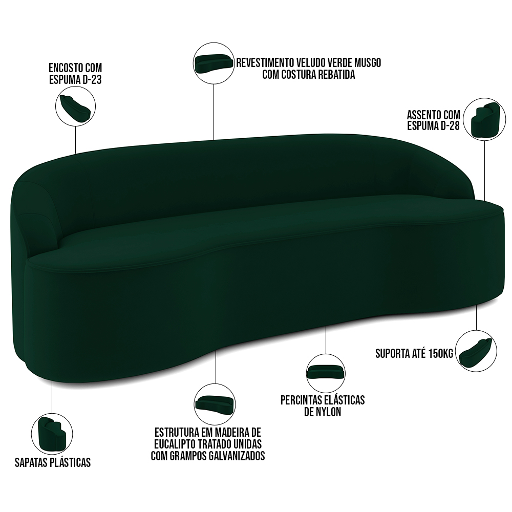 Sofá 5 Lugares Curvo Sala de Estar Living Lótus D02 Veludo Verde Musgo 300 cm C-303 - Lyam