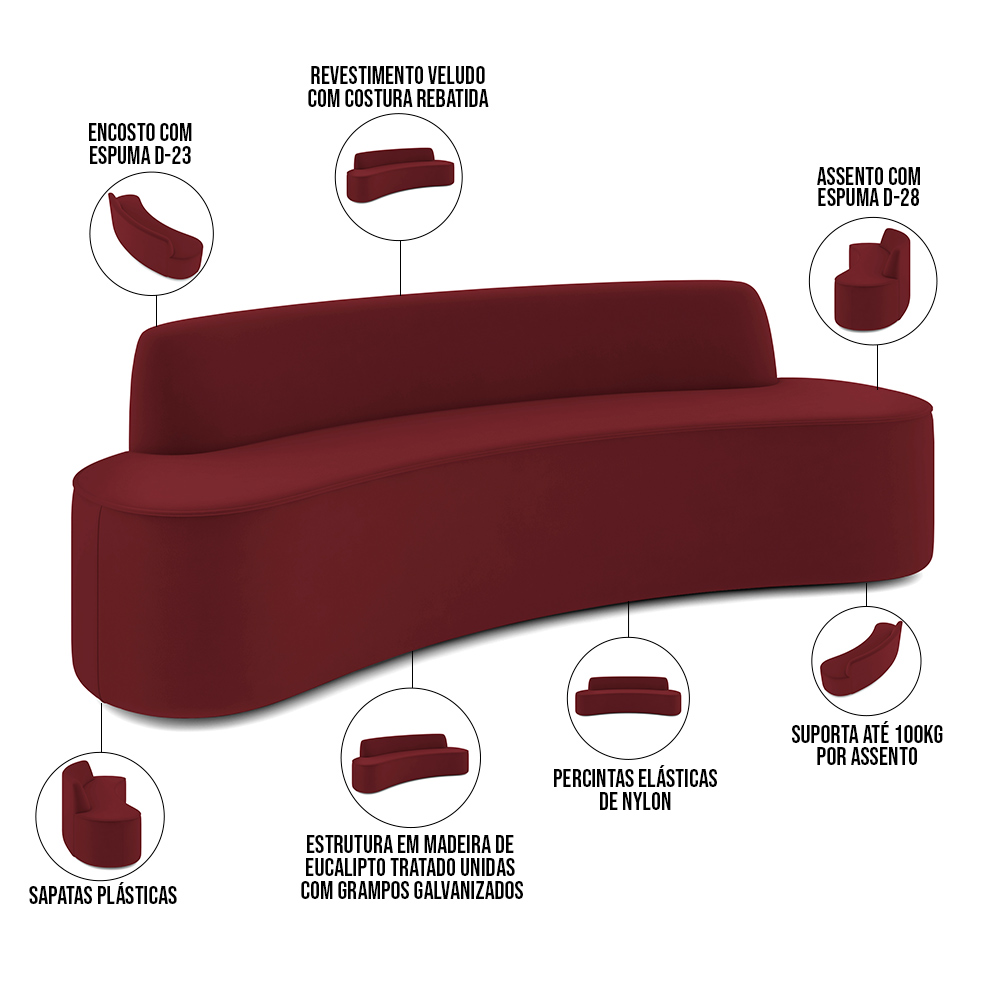 Sofá 5 Lugares Sala de Estar Cancún D02 Veludo Marsala 300 cm C-278 - Lyam Decor