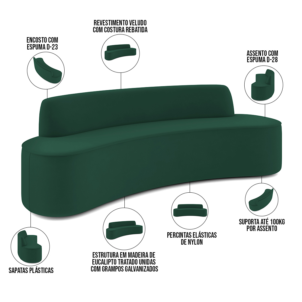 Sofá 5 Lugares Sala de Estar Cancún D02 Veludo Verde Musgo 300 cm C-303 - Lyam Decor