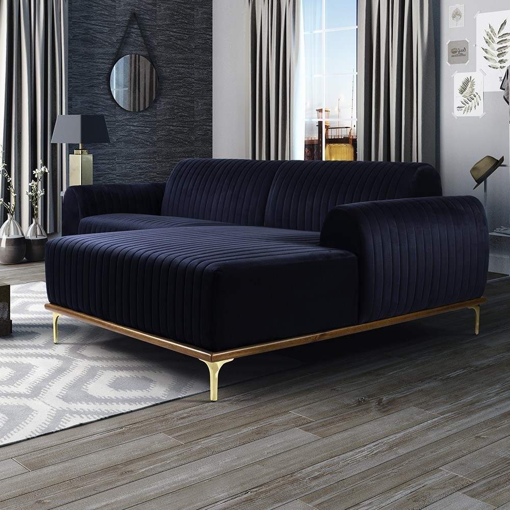 Sofá 5 Lugares com Chaise Direito Para Sala Molino 300 cm D02 Veludo Azul Marinho B-287 - Lyam Decor