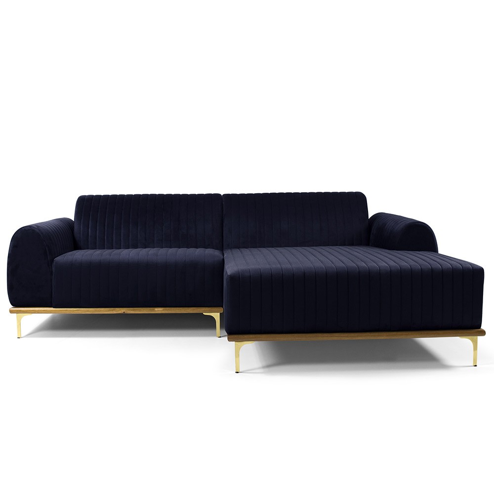 Sofá 5 Lugares com Chaise Direito Para Sala Molino 300 cm D02 Veludo Azul Marinho B-287 - Lyam Decor
