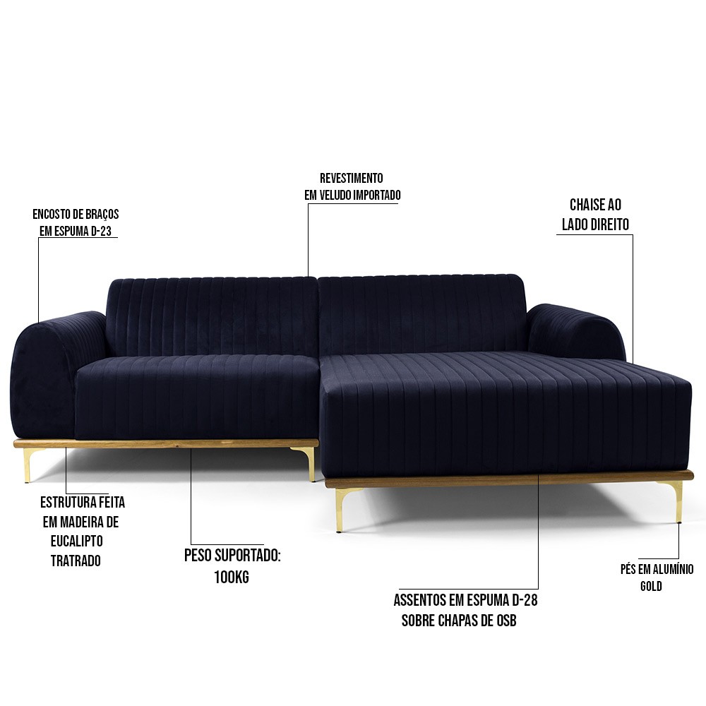 Sofá 5 Lugares com Chaise Direito Para Sala Molino 300 cm D02 Veludo Azul Marinho B-287 - Lyam Decor