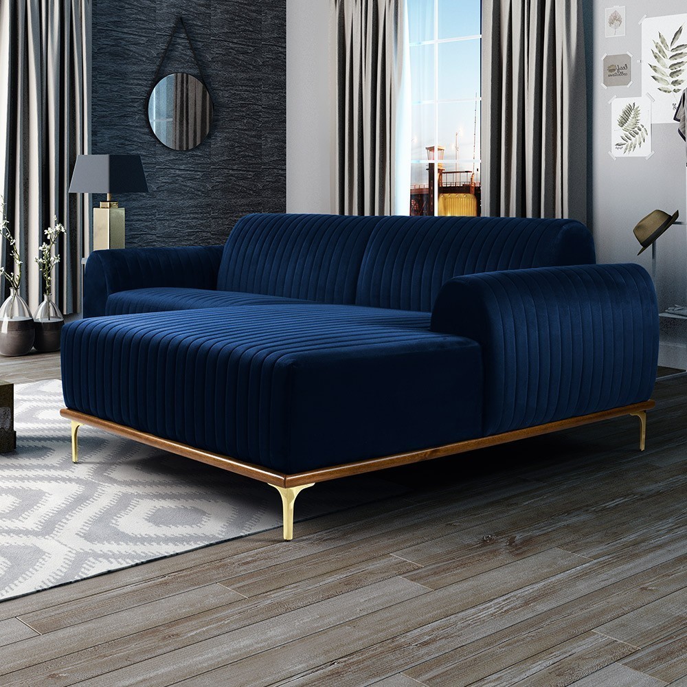 Sofá 5 Lugares com Chaise Direito Para Sala Molino 300 cm D02 Veludo Azul Oxford B-304 - Lyam Decor