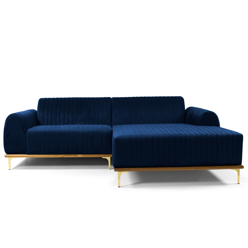 Sofá 5 Lugares com Chaise Direito Para Sala Molino 300 cm D02 Veludo Azul Oxford B-304 - Lyam Decor