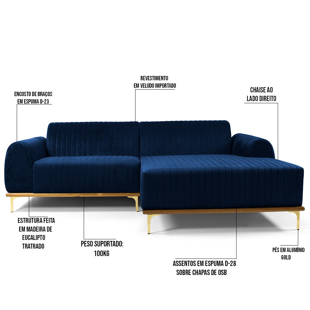 Sofá 5 Lugares com Chaise Direito Para Sala Molino 300 cm D02 Veludo Azul Oxford B-304 - Lyam Decor