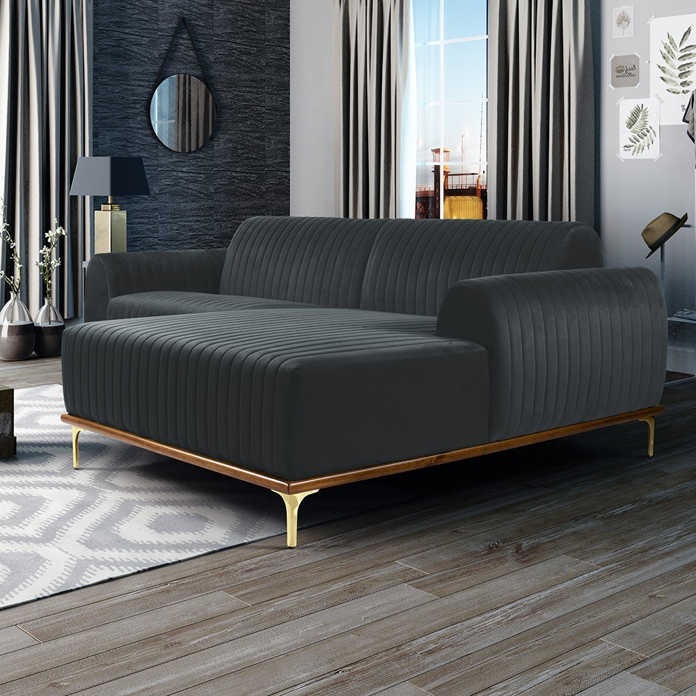 Sofá 5 Lugares com Chaise Direito Para Sala Molino 300 cm D02 Veludo Cinza C-317 - Lyam Decor