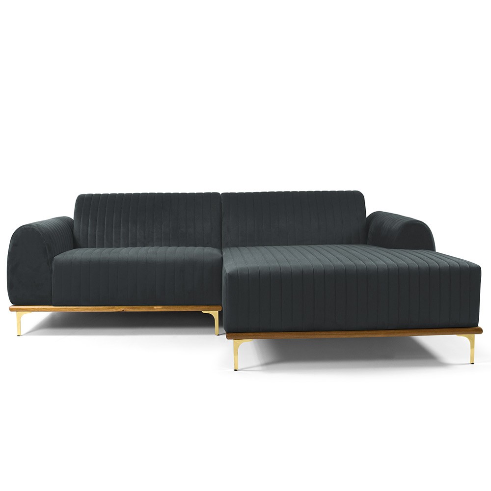 Sofá 5 Lugares com Chaise Direito Para Sala Molino 300 cm D02 Veludo Cinza C-317 - Lyam Decor