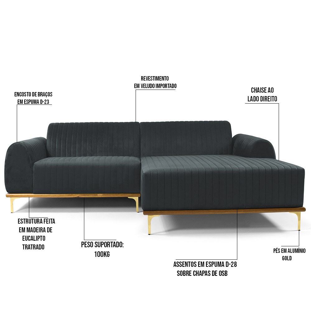 Sofá 5 Lugares com Chaise Direito Para Sala Molino 300 cm D02 Veludo Cinza C-317 - Lyam Decor