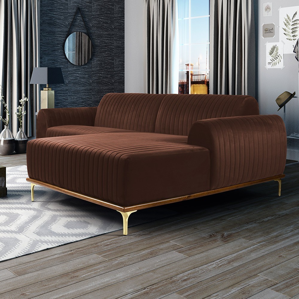 Sofá 5 Lugares com Chaise Direito Para Sala Molino 300 cm D02 Veludo Marrom B-276 - Lyam Decor