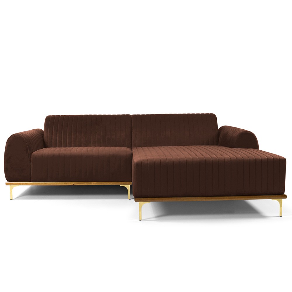 Sofá 5 Lugares com Chaise Direito Para Sala Molino 300 cm D02 Veludo Marrom B-276 - Lyam Decor