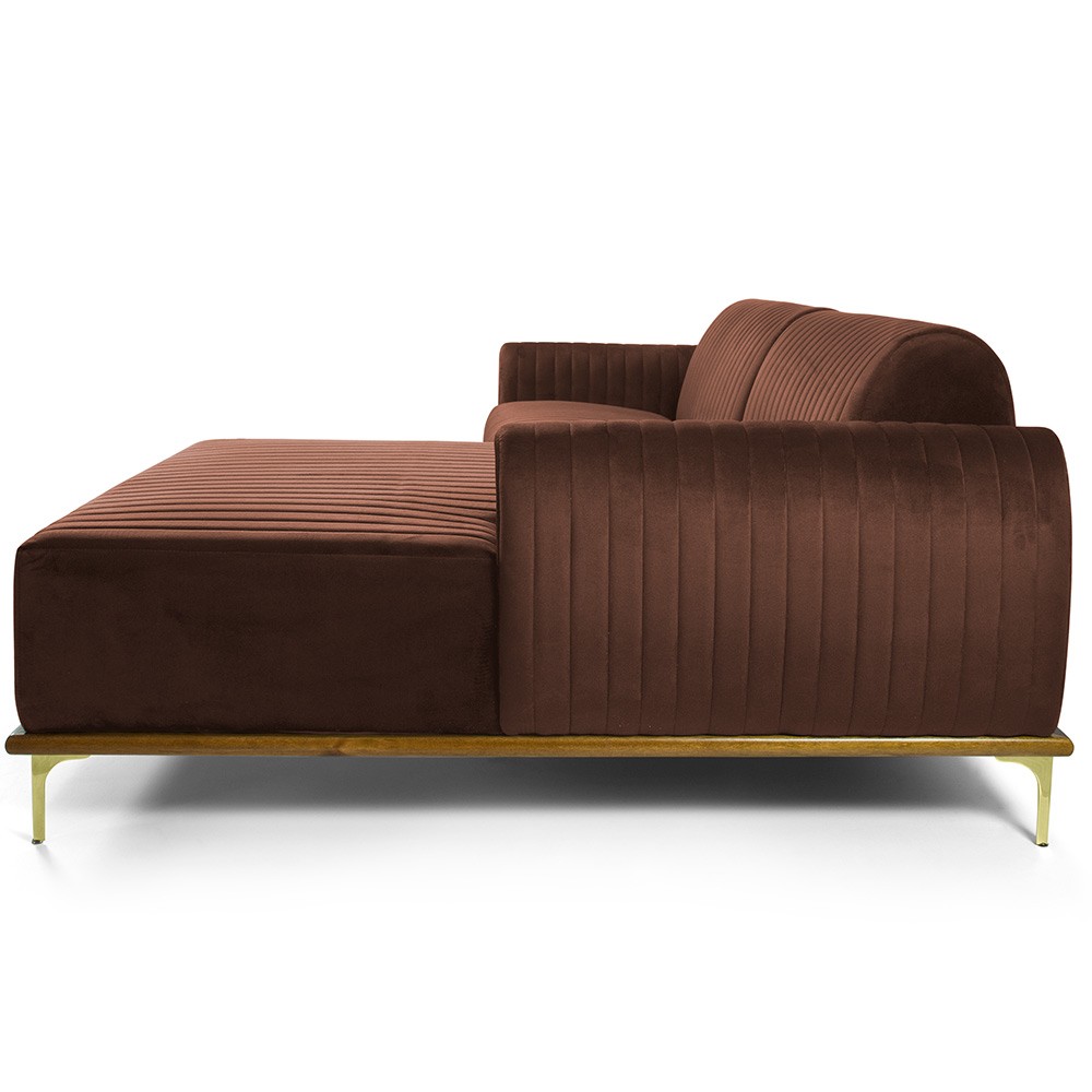 Sofá 5 Lugares com Chaise Direito Para Sala Molino 300 cm D02 Veludo Marrom B-276 - Lyam Decor