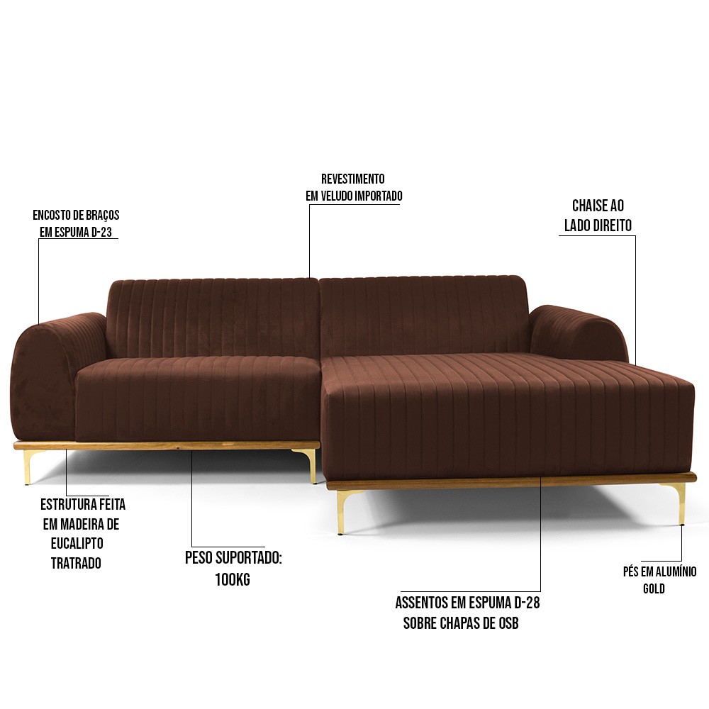 Sofá 5 Lugares com Chaise Direito Para Sala Molino 300 cm D02 Veludo Marrom B-276 - Lyam Decor